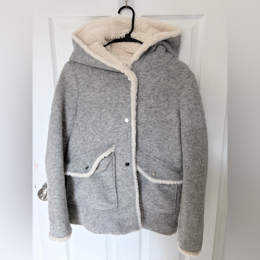 Zara Gray Hooded Faux-Shearling Coat with Cream Trim